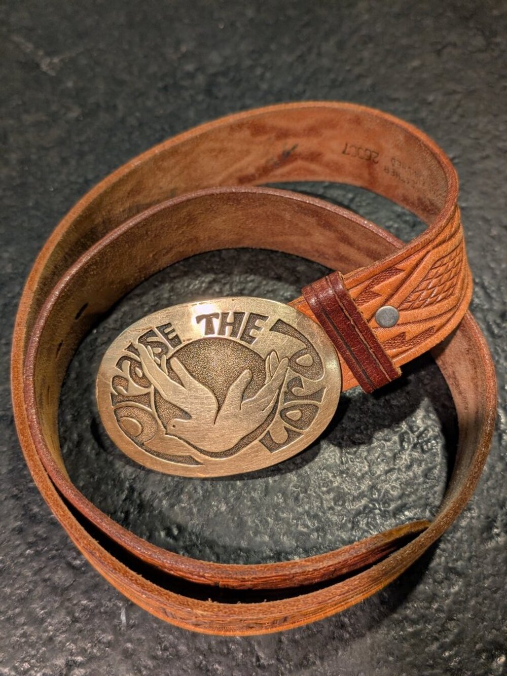 Vintage Leather Belt Native Thunderbird Indian Design Brown Size 36 Brass Buckle